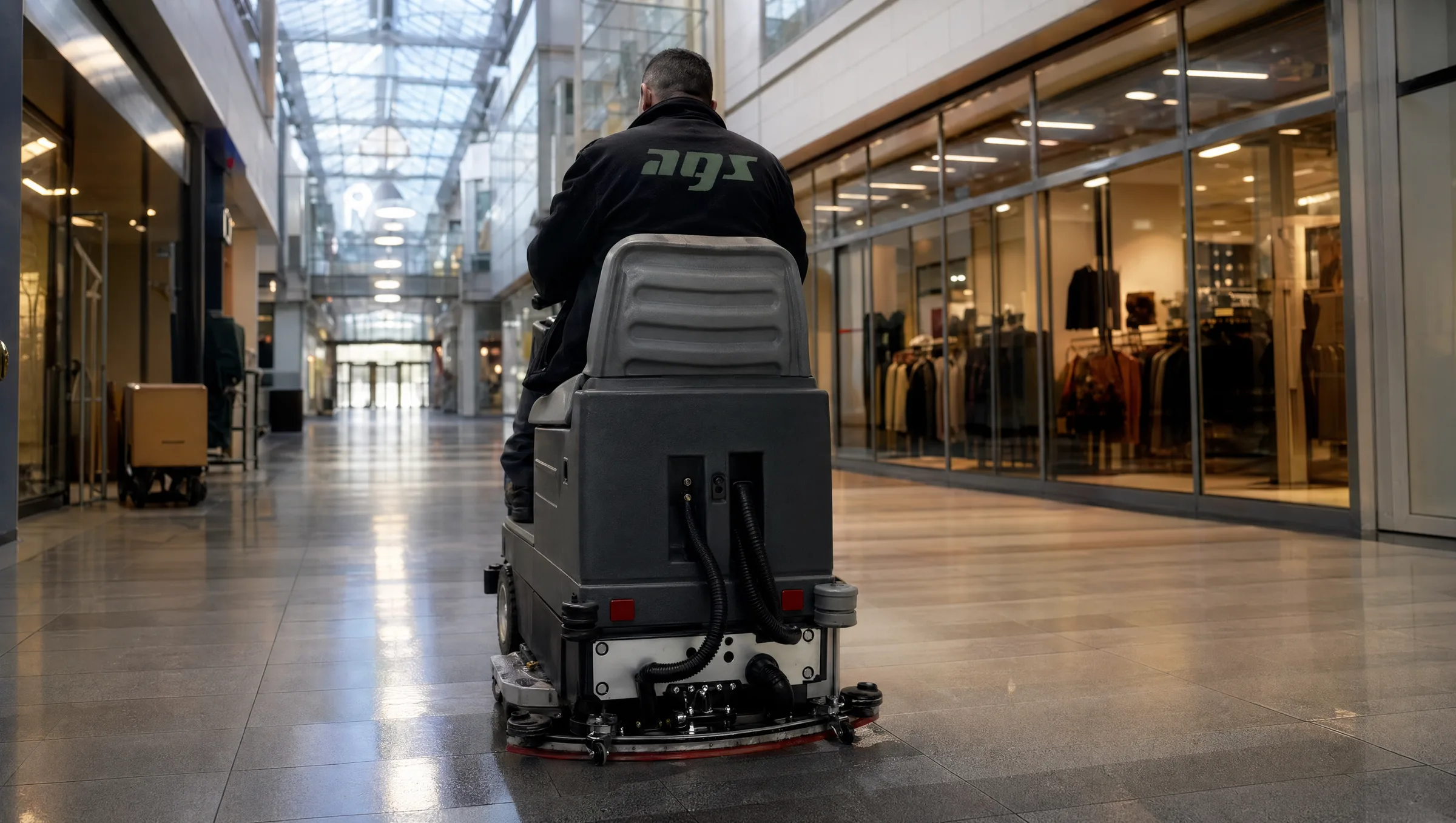 AGS-Mitarbeiter reinigt die Mall eines Einkaufscenters mit einer Aufsitz-Scheuersaugmaschine