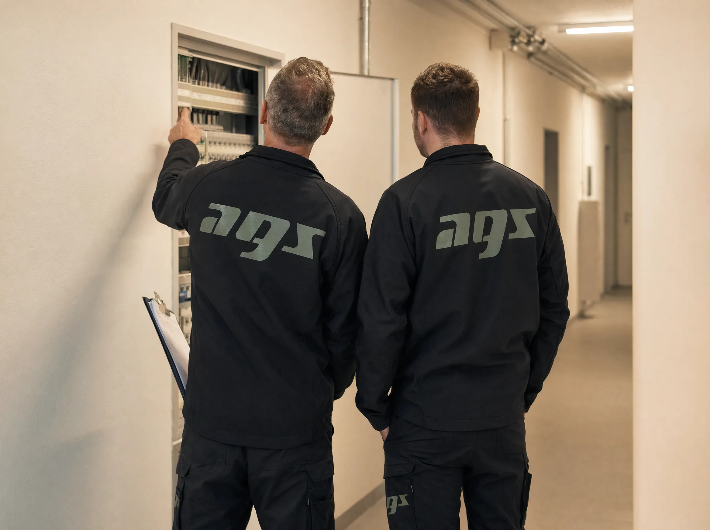 Zwei AGS-Techniker prüfen einen Elektroverteiler bei der Objektbegehung