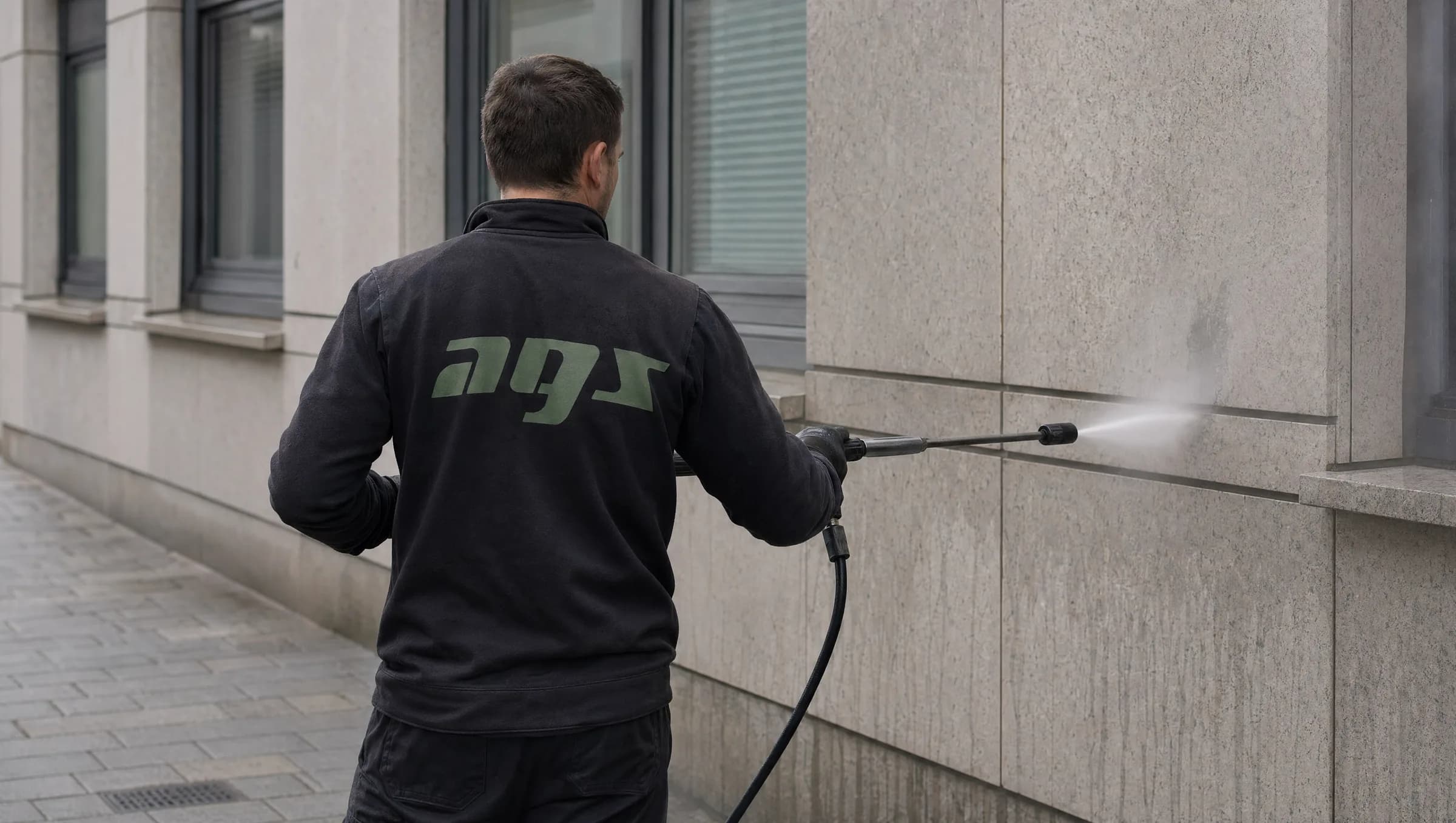 AGS-Mitarbeiter bei der Fassadenreinigung mit Hochdruck