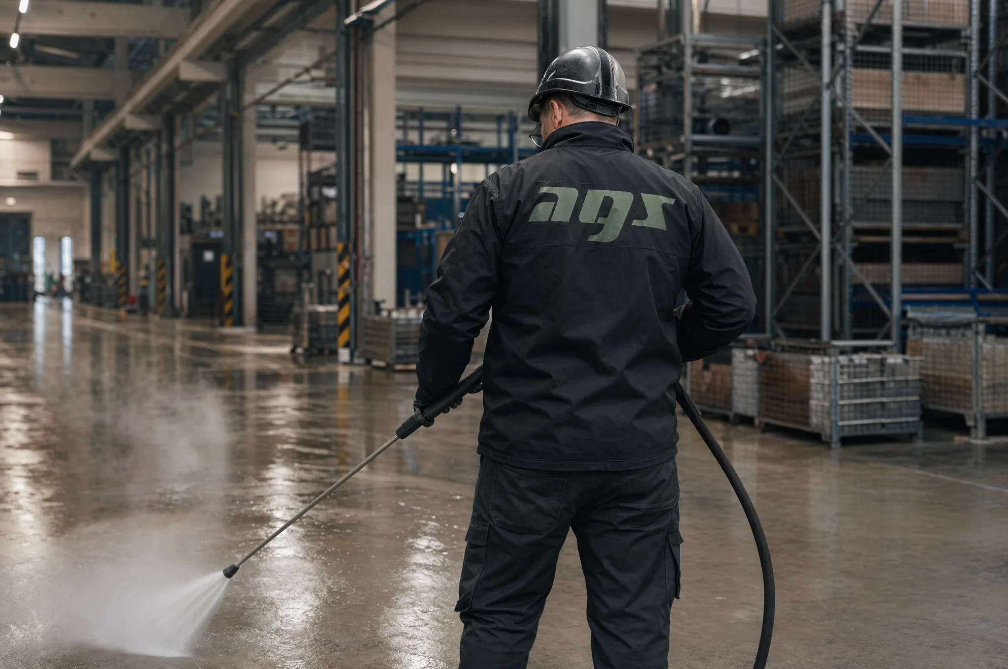 Industrielle Reinigung durch AGS – Fachkraft mit Hochdruckreiniger in einer Produktionshalle