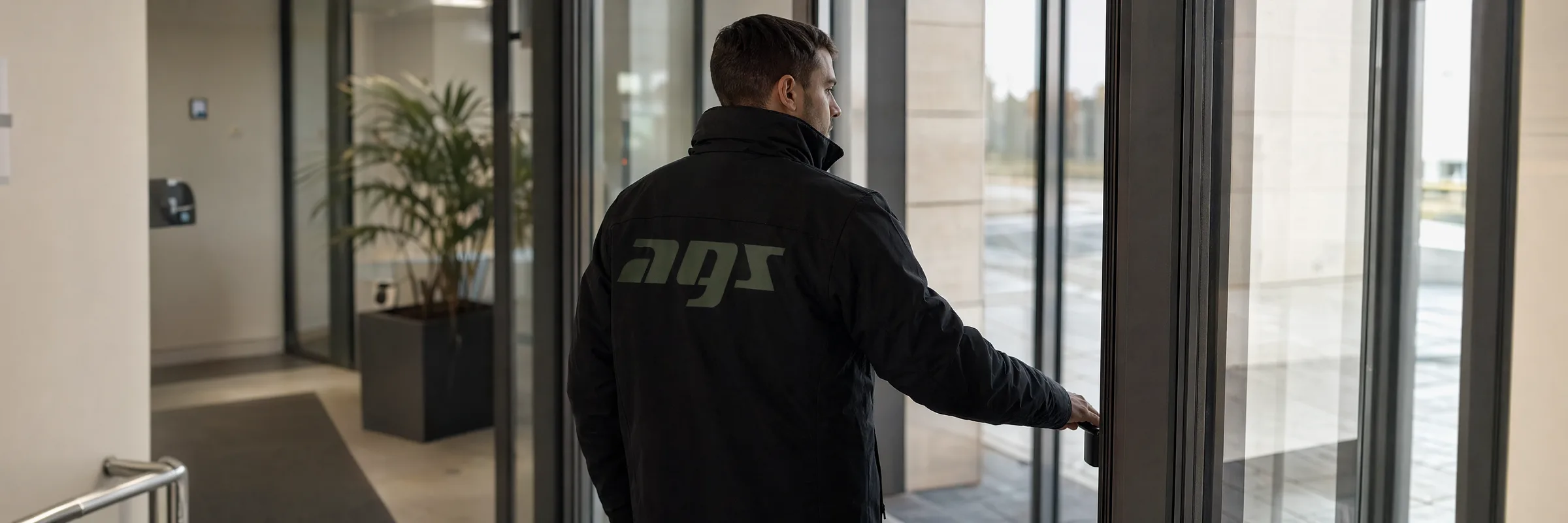 AGS-Sicherheitsmitarbeiter beim Schließdienst am Eingang eines Bürogebäudes – Objektschutz