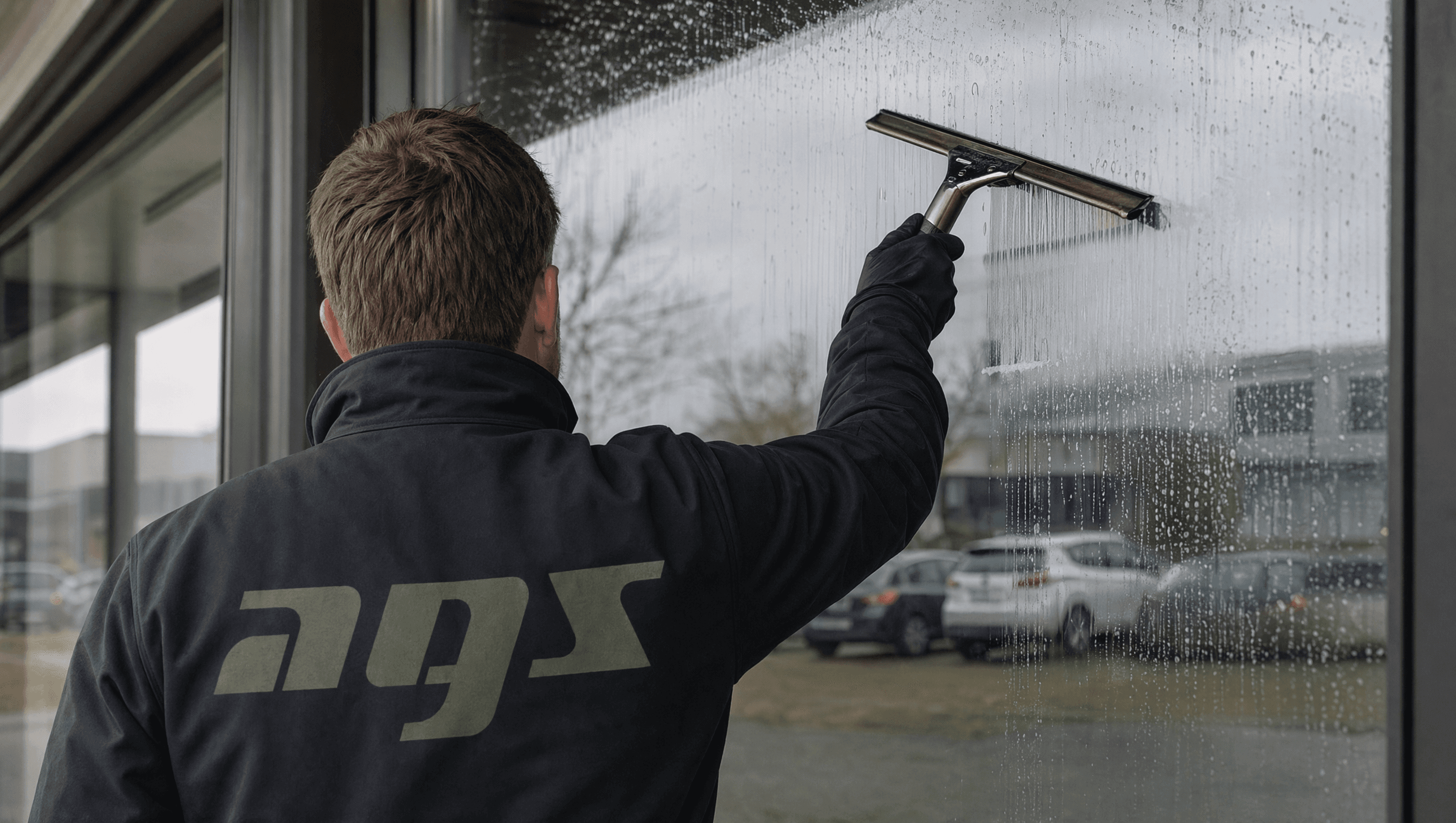 Reinigungskraft von AGS bei der Fensterreinigung mit dem Abzieher an einer Bürofensterfront