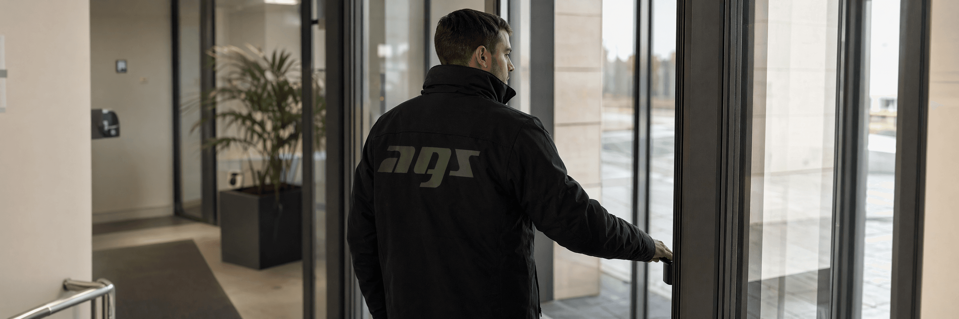 AGS-Werkschutzmitarbeiter bei der Zutrittskontrolle am Gebäudeeingang