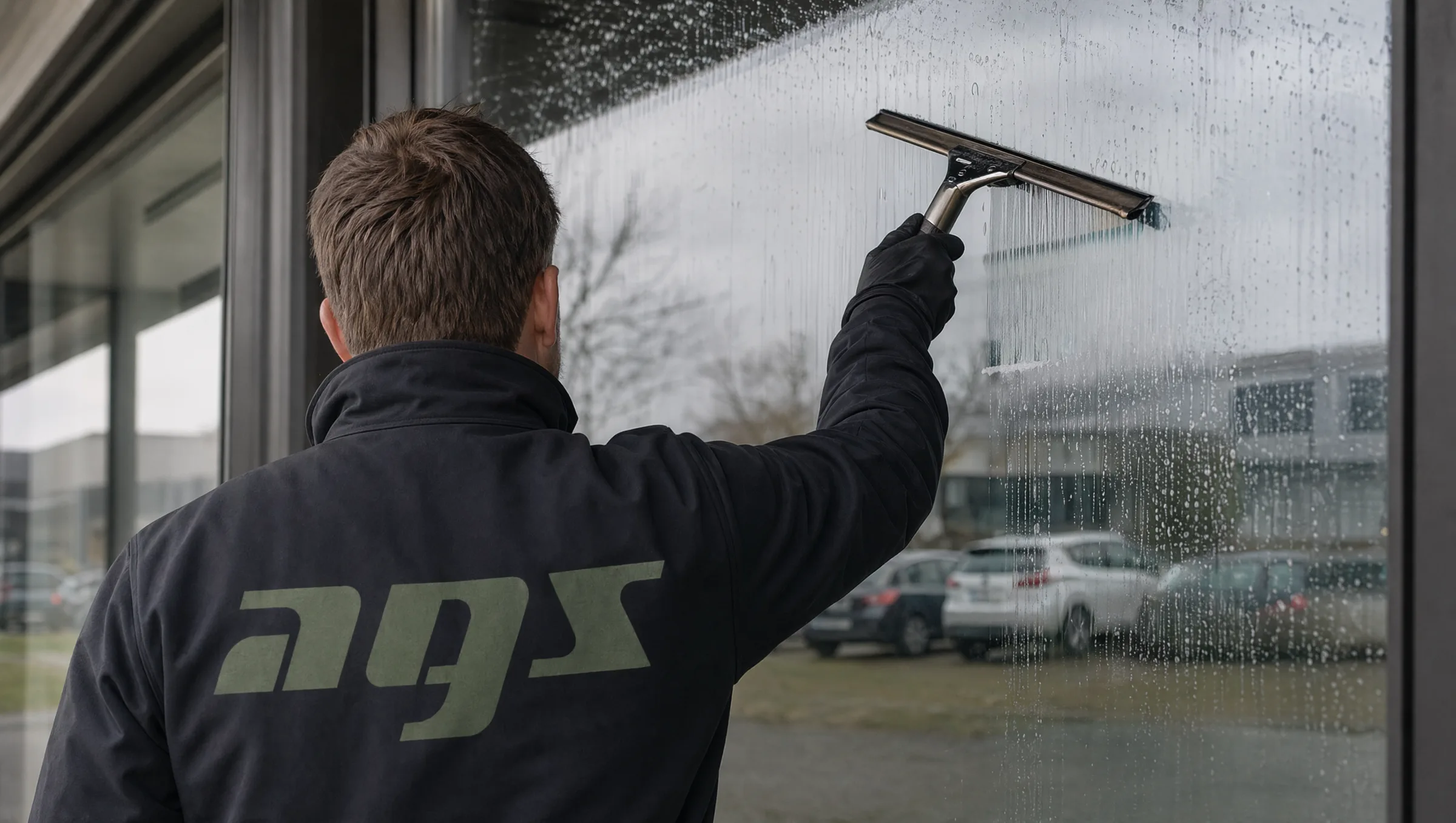 Reinigungskraft von AGS reinigt eine Glasfläche mit dem Abzieher