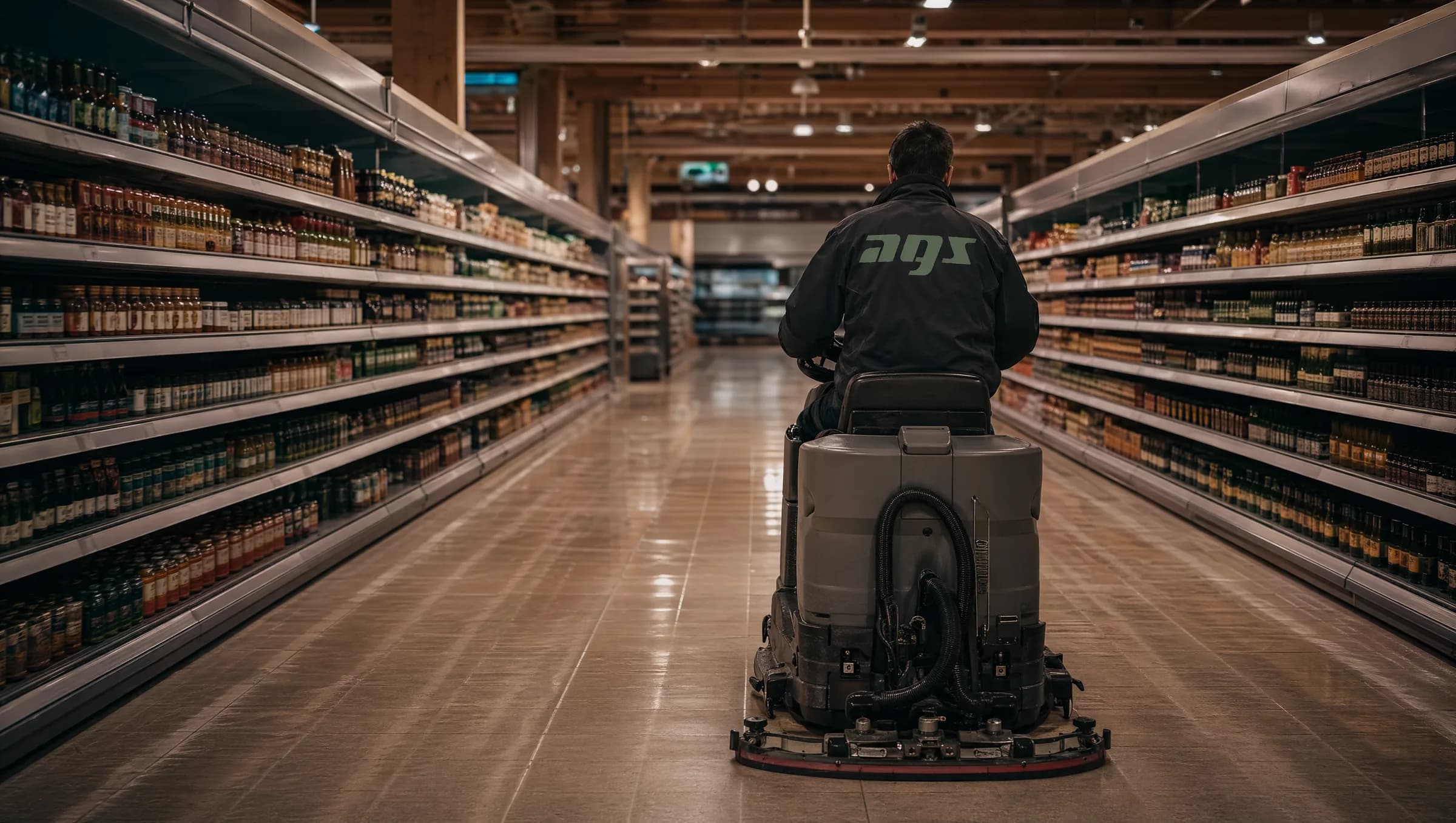 Maschinelle Bodenreinigung in einem Supermarkt durch AGS