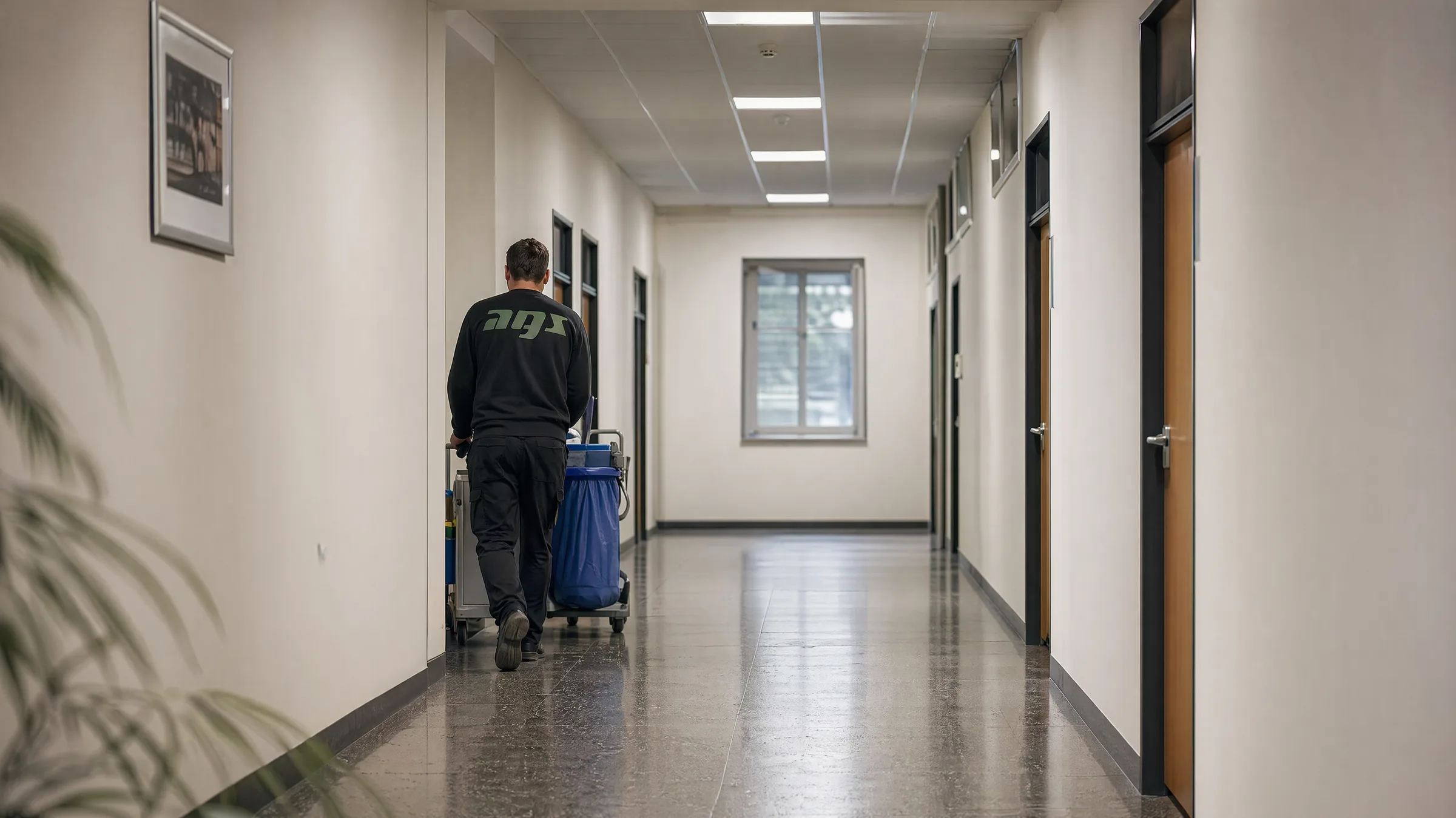 Reinigungskraft von AGS mit Reinigungswagen im Flur eines Bürogebäudes