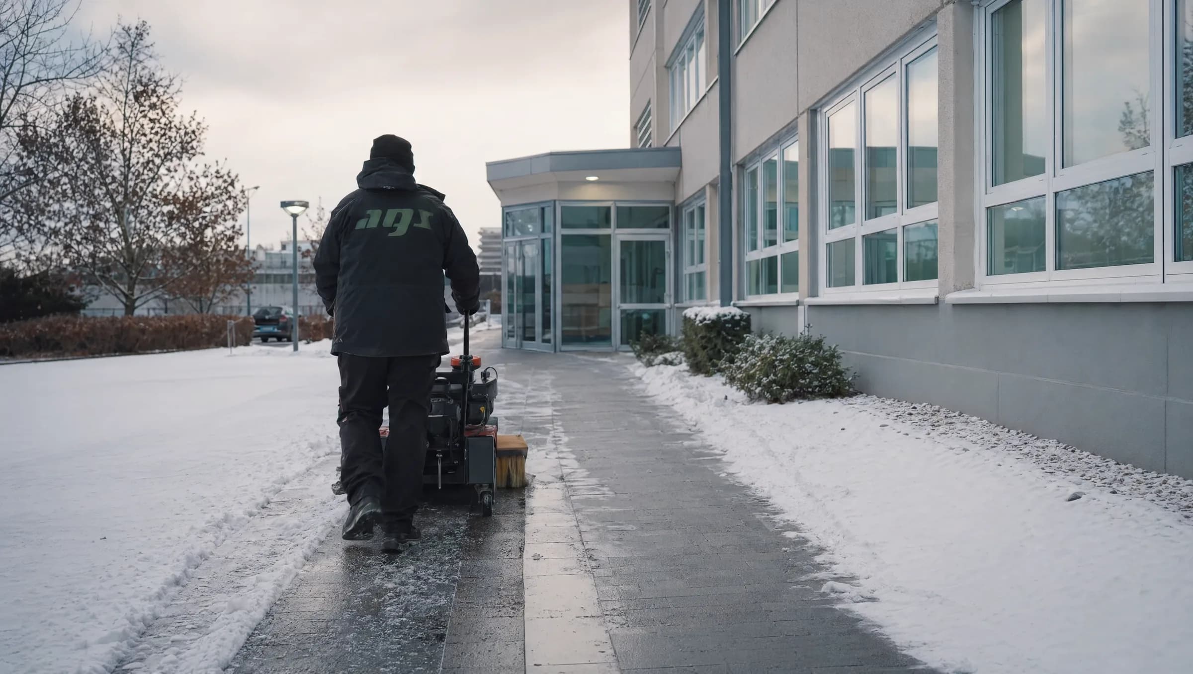 AGS-Mitarbeiter räumt einen Gehweg vor einem Bürogebäude